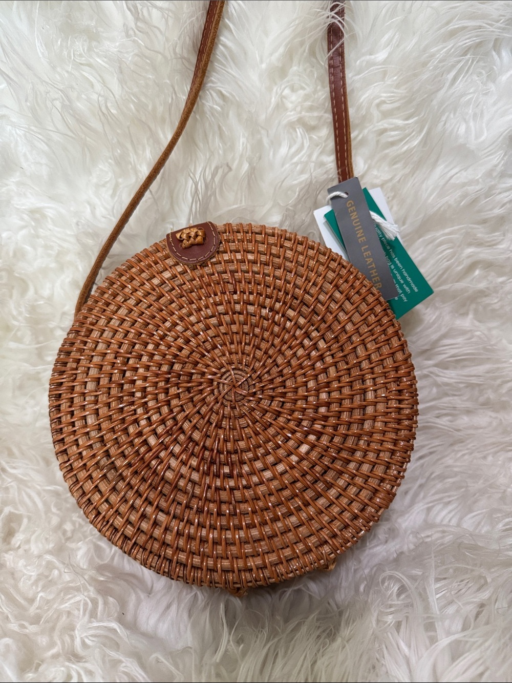 Round Woven Crossbody Bag in Brown
